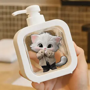 Creative Bathroom Dispenser with Hand Pump - Fluffy White Kitten, Glossy Green Eyes, Pink Inner Ears, Blushed Cheeks, Cute Buttoned Jacket Outfit, Playful Pose Decorative, Perfect for Bathroom Storage of Soap/Lotion, Artistic & Functional Design