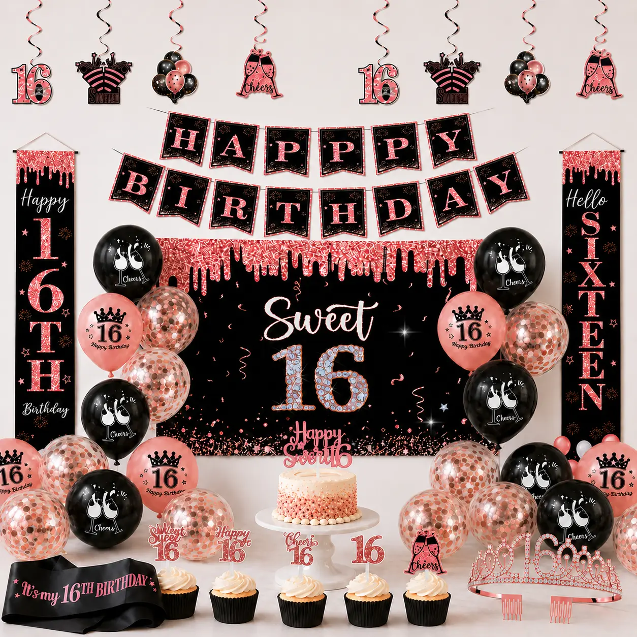 Rose Gold-Black Sweet 16 Girls' Birthday Decoration Kit, Photo Backdrop Included with Banner, Porch Signs, Balloons, Sash, Crown, Cake & Cupcake Toppers