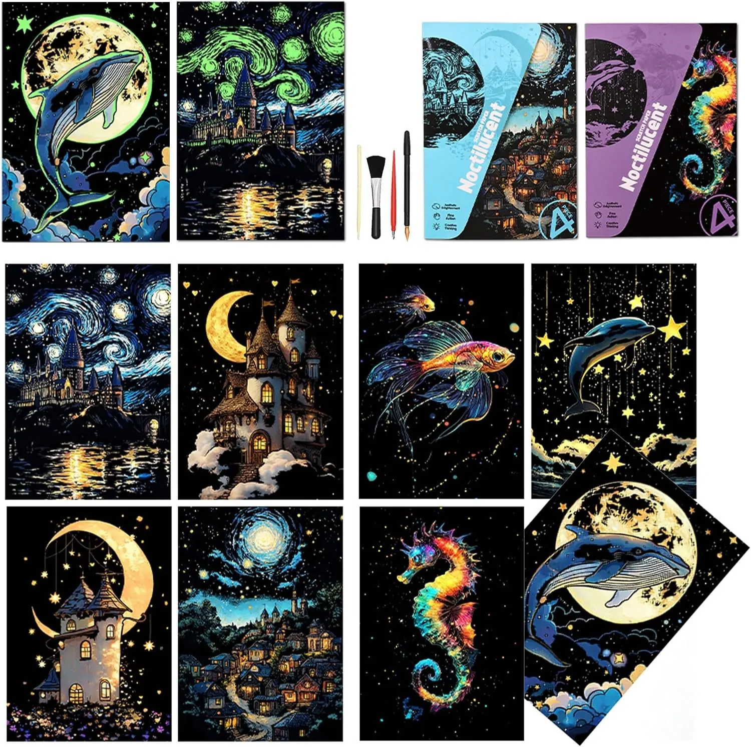 Luminous Scratchboard Art Kits for Adults Teens 8 Sheets A5 Rainbow Scratch Painting Paper with 4 Tools Fun Creative Craft Toy for Gifts Home Decor