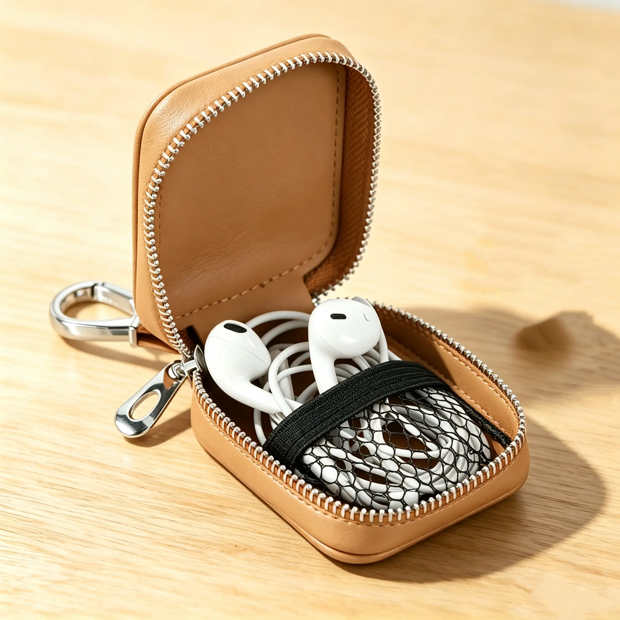 Brand New PU Leather Earbuds Storage Case, Zipper Small Earphone Holder Organizer With Inner Mesh Pocket, Fit Wireless & Wired Earphones, USB Cable Storage Bag, Brown