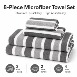 8-Piece Microfiber Towel Set, Ultra Soft Quick-Dry Bath Towels Set, 2 Bath Towels (70x140cm) + 2 Hand Towels + 4 Washcloths, Gray/White Stripes