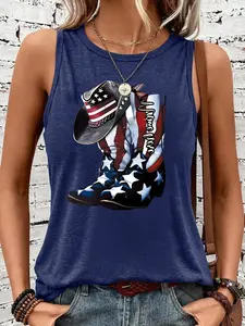 Patriotic American Flag Print Tank Top, Casual Sleeveless Summer Vest for Women, Loose-Fitting Round Neck Fashion in S-Xxl