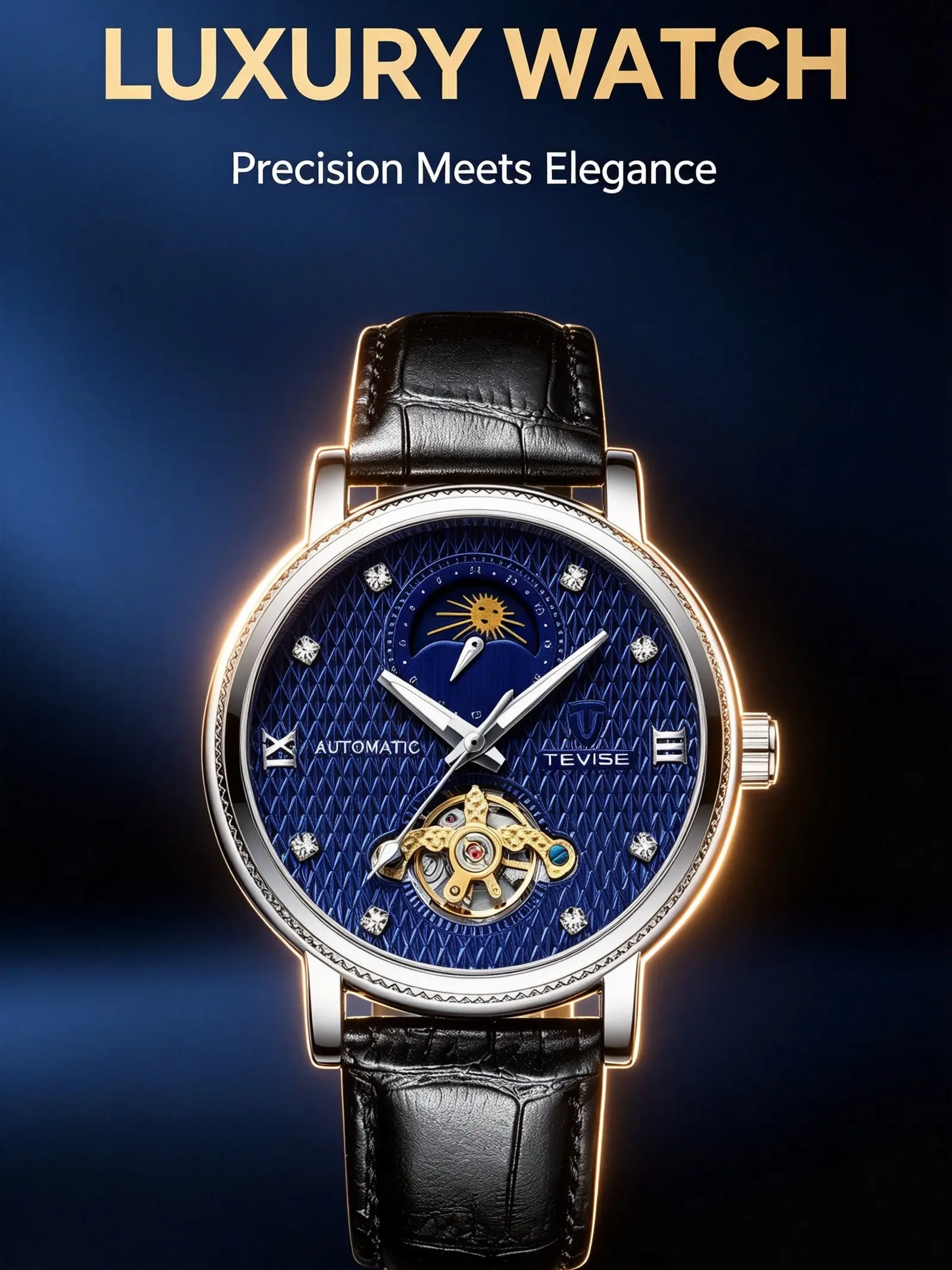 Father Day Gift, TEVISE Men's Automatic Mechanical Wrist Watch - Round Shape, Luminescent Face, 24-Hour Function, Waterproof, Leather Strap, Reloj de Hombre, Fashion Watch for Men