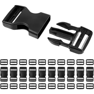 10 Set 1 inch Buckles for Straps with 20 pcs Tri-glide Slide Clip, Quick Side Release Plastic Buckle Clip, Fit 1 inch Wide Nylon Webbing Canvas Strap (Black)