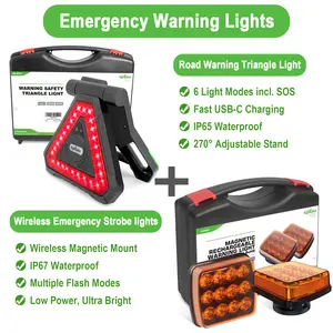 AgriEyes Emergency Warning Light Combination, Rechargeable Road Safety Triangle Lights & Wireless Strobe Lights for Emergency Vehicle