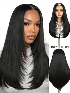 U Part Long Layered Straight Wig, 24 Inch Synthetic Half Wig Women's, Clip-In Design, No Bangs, All-Season Wear, Daily Use, Straight Layered Wigs