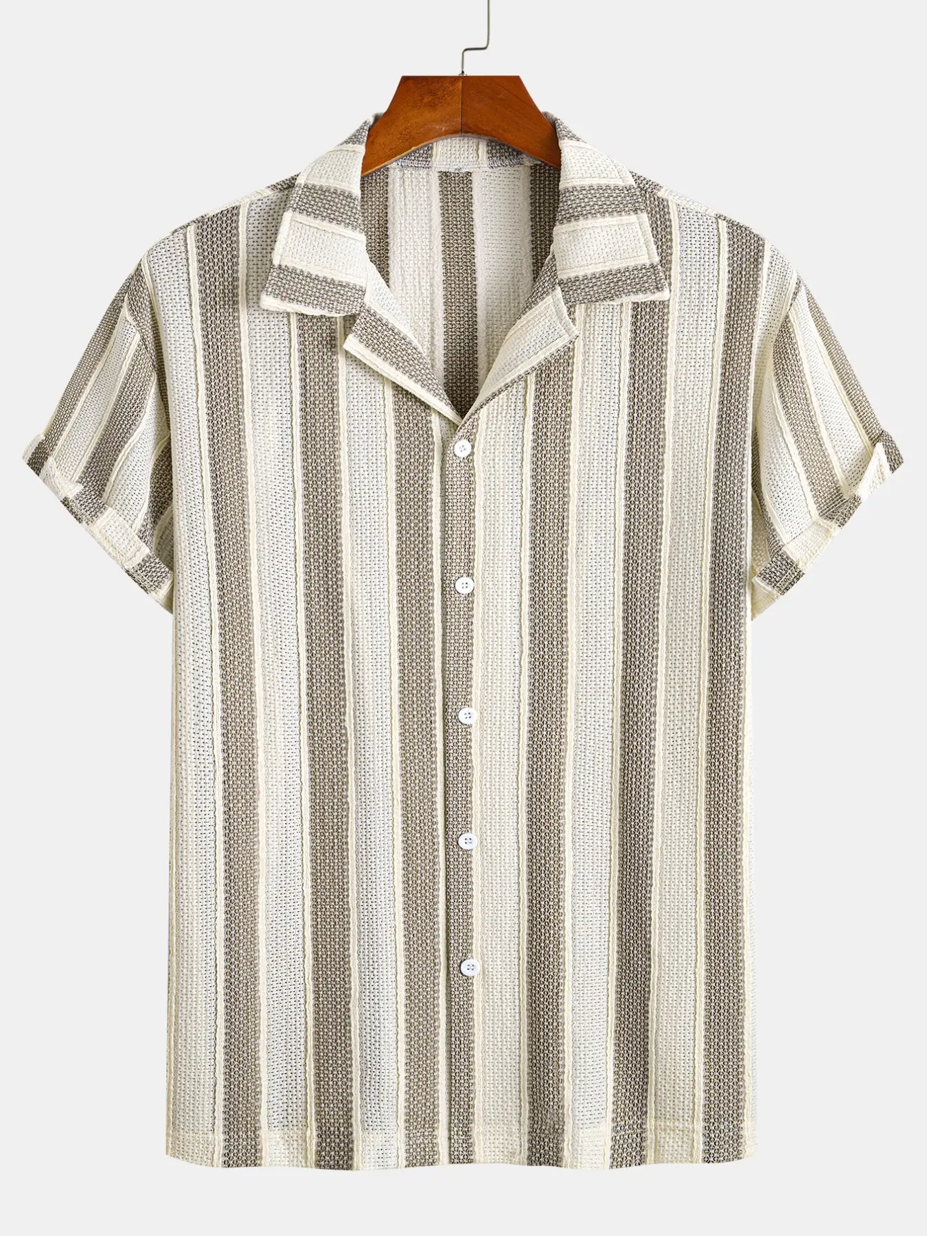 Men's Stretch Knitted Jacquard Striped Short Sleeve Shirt, Casual Relaxed Fit Lightweight Breathable Business Daily Summer Tops, Comfortable and Stylish, Casual Collared Shirt