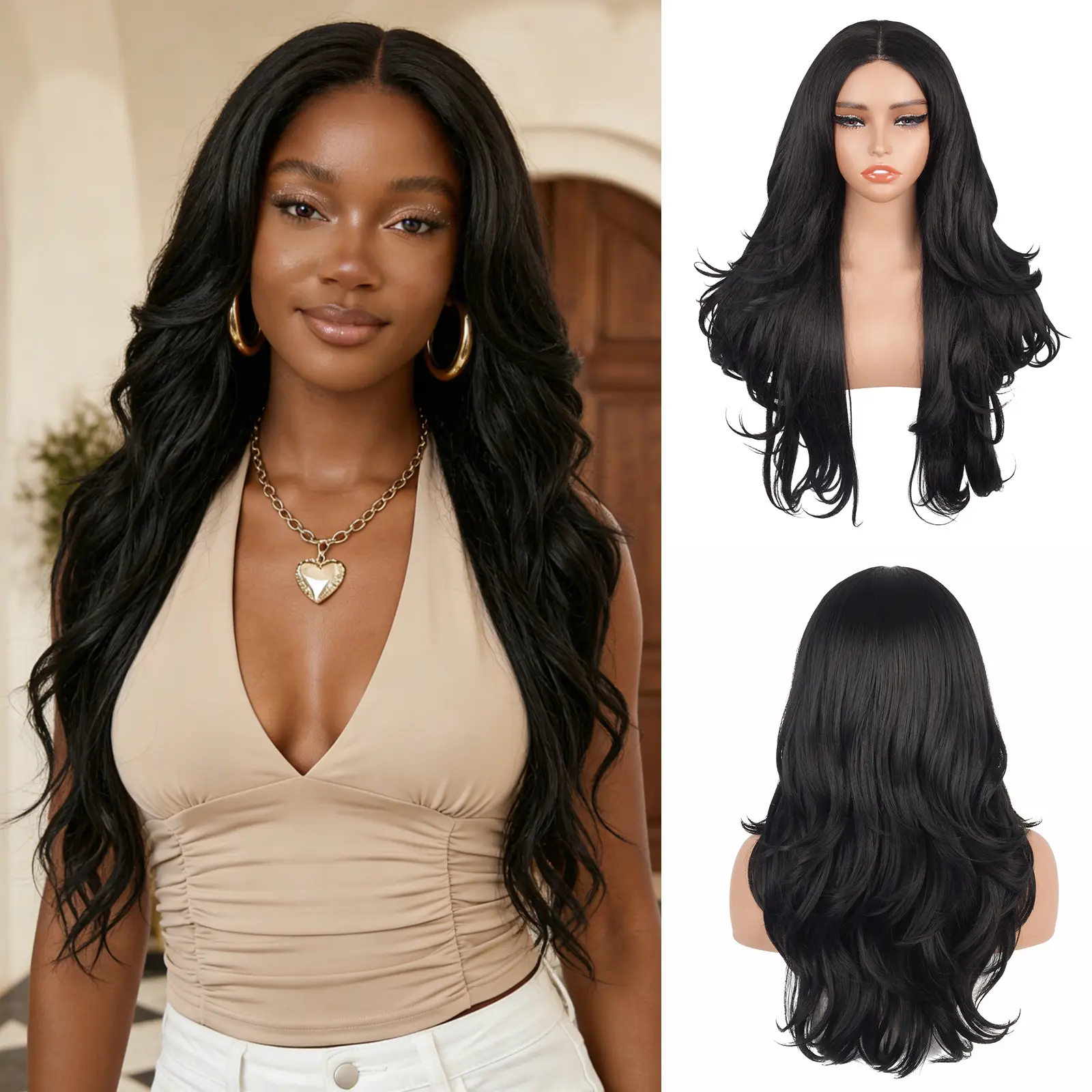 Lush Haute Long Wavy Black Layered Wig Synthetic Layered Long Wavy Wig Butterfly Haircut for Women No Lace Wear and Go Gluless Wig