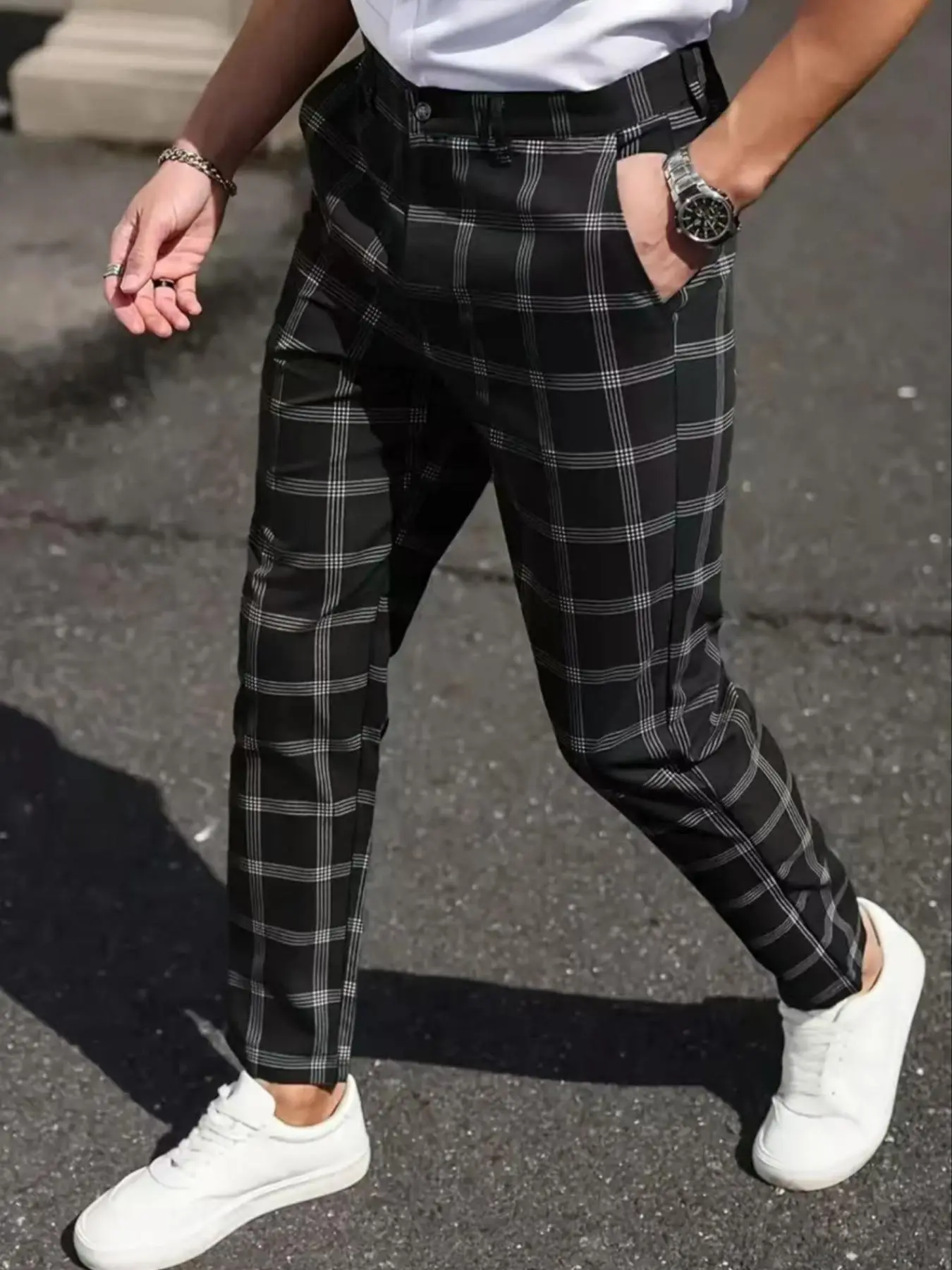 Men's Houndstooth Checkered Casual Pants, Summer Lightweight Stretch Fitted Straight Leg Long Pants, Trendy Versatile Suit Pants