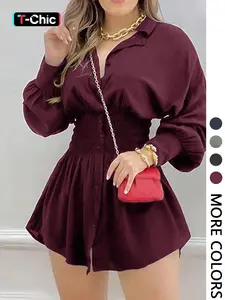 Women's Fashion Trendy Minimalist Solid Color Pleated Waist Long Sleeve Dress, Casual Boho Elegant Fitted Style, All Seasons Wear, Plain Pattern, Womenswear