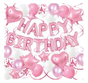 Pink Birthday Decorations for Women, Happy Birthday Balloon Banner with Heart Balloons Star Foil Balloon Pink and White Balloons for Happy Birthday Decorations Set