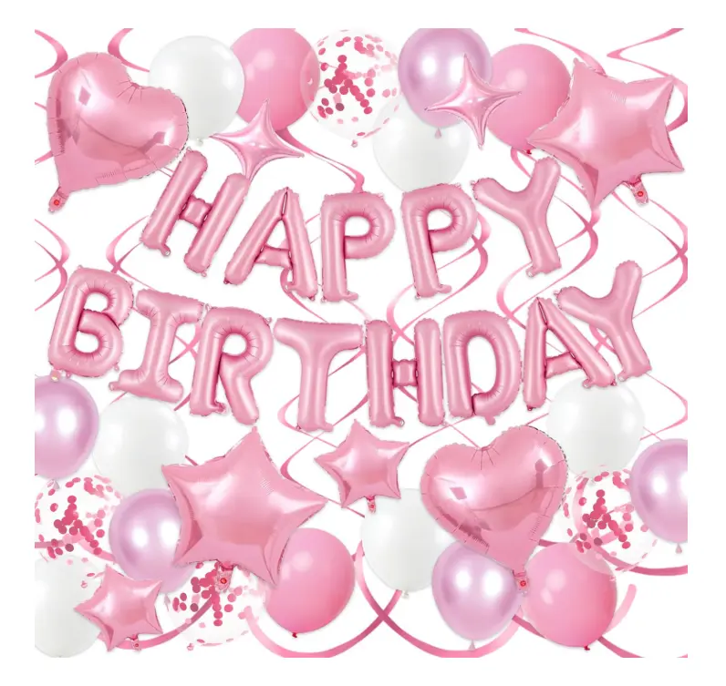 Pink Birthday Decorations for Women, Happy Birthday Balloon Banner with Heart Balloons Star Foil Balloon Pink and White Balloons for Happy Birthday Decorations Set