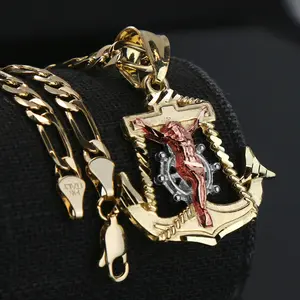 MaxBling81 AAA+ Brass 3-Tone Jesus Anchor Pendant with 5mm Long Figaro Chain, 14K Stamped, 20" or 24" Lengths, Hip Hop Style High-End Religious Fashion Jewelry Necklace