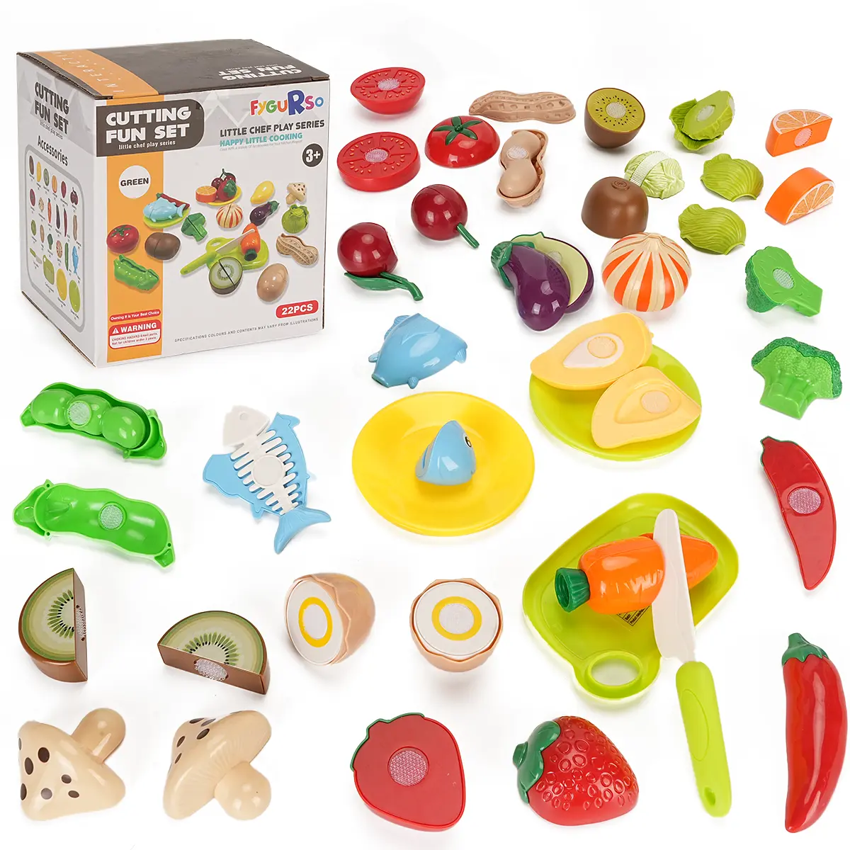 Realistic Fruit & Vegetable Cutting Play Food Toy Set - Toddler Cooking Set, Miniature Play Kitchen Accessories, Kids Favorites, Safe Birthday Gifts for Boys & Girls
