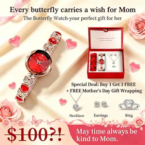 Clvmu Kiai Elegant Butterfly Bracelet Watch for Women Mothers Day Gift Adjustable Jewelry Watch Dual Function Wristwatch Waterproof Luxury Daily Wear Formal Occasion Gift Set with 3 Piece Jewelry and Exquisite Gift Box for Mom Wife Her