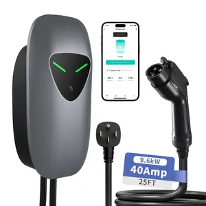 Valentine Gift~ Level 2 EV Charger 40Amp NEMA14-50 Plug with 25ft Cable WiFi APP RFID Card 240V J1772 Electric Vehicle Charging Stations 9.6kW Wall Charger for Home Outdoor Indoor Grey