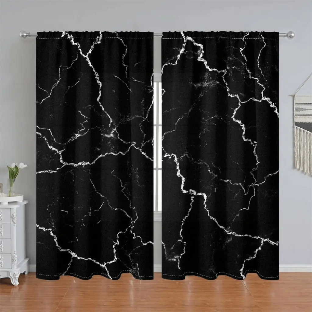 2Pcs Modern Black and White Marble Pattern Curtain Panels, Semi-Sunshade Pole Pocket Style, for Home Living Room Bedroom Balcony Kitchen Study Shower Window Decoration, Accessory, Home Textile, Anti Privacy.