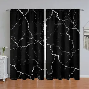 2Pcs Modern Black and White Marble Pattern Curtain Panels, Semi-Sunshade Pole Pocket Style, for Home Living Room Bedroom Balcony Kitchen Study Shower Window Decoration, Accessory, Anti Privacy.
