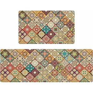 Boho Kitchen Rug Mats for Floor Cushioned Anti Fatigue Mexican Colorful Ceramic Tile Kitchen Rugs Sets of 2 Non Slip Waterproof Comfort Memory Foam Standing Floor Mat for Laundry Sink Desk