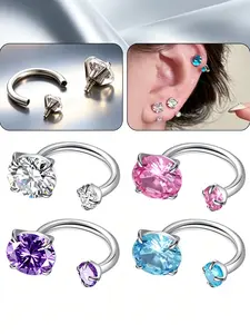 2 Pcs Fashion Stainless Steel Earrings, Spiral Studs, Tragus Rings, Inner Thread Double-Headed Round Synthetic Zircon Hoop Piercing Jewelry