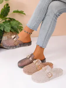 Summer New Fashion Sequined Jelly Hollow Out Sandals, Elegant Slippers, Rhinestone Buckle Lace-Up Outdoor Women's Shoes, Three Colors Available