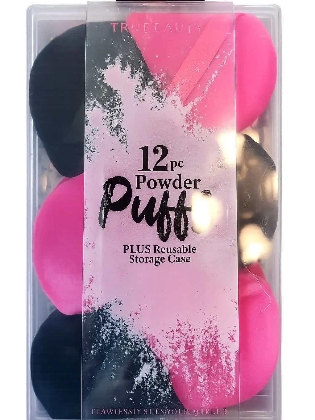 12 PC Powder Puff + Reusable Storage Case (Black and Pink)
