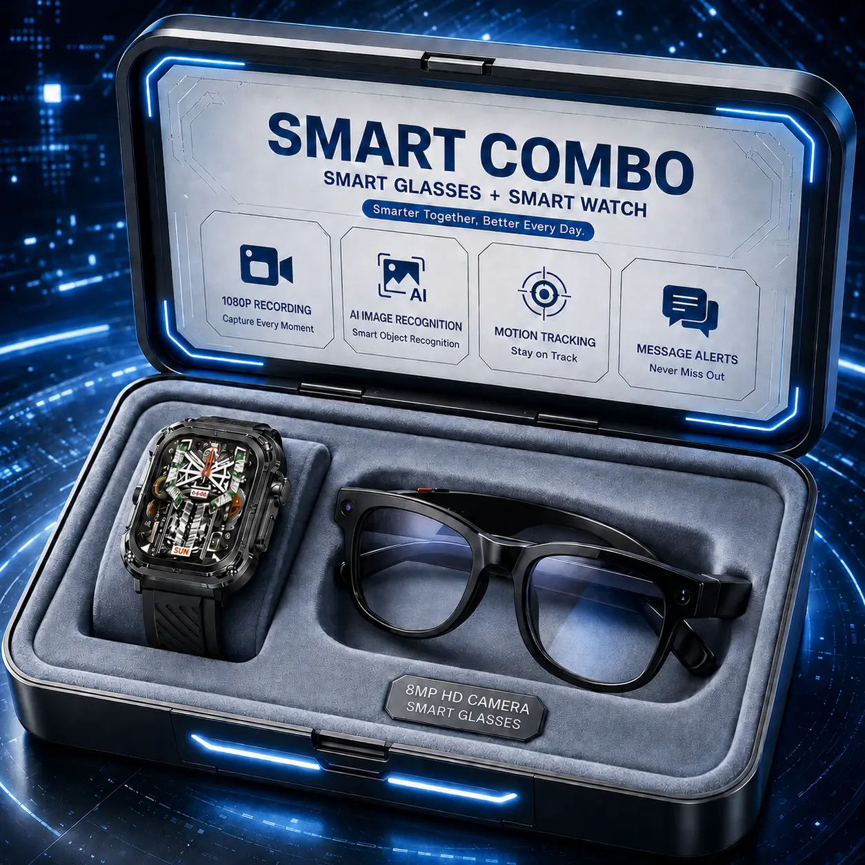 AI Smart Glasses & Smart Watch Combo Set, 8MP Camera AI Glasses with 1080P HD Video Recording, AI Image Recognition, Real-Time Translation, Audio Recording, 2.04-Inch Smartwatch with Wireless Calling, Sleep Monitoring, Step Tracking & Message Alerts