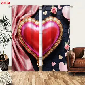 2D Flat   Valentine's Day Curtain 2 - Piece Set, Heart - Shaped Foil Balloon Decor, Red Center Purple Gold Border, Pink Satin Fabric & Roses, Dark Blue Brick Wall Background, Romantic Festive Theme, Light Pink Heart Balloon Accent, Perfect for Bedr