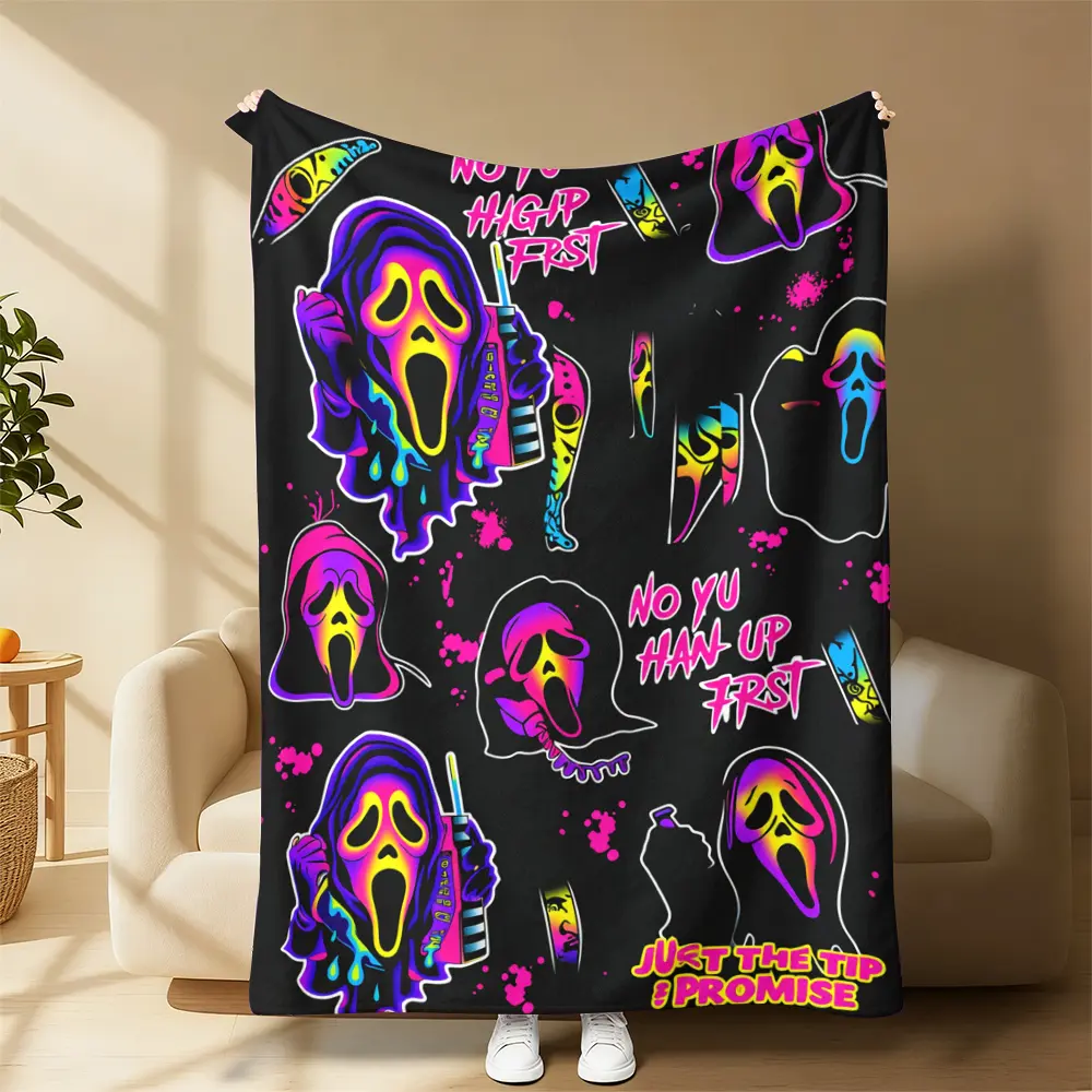 Black Neon Rainbow Ghostface Scream Blanket All Over Horror Mask Print, Vibrant Spooky Season Gift For Scream Movie Enthusiasts, Gothic Themed Birthday And Halloween Keepsake, Soft Cozy Flannel Fleece Throw Blanket For Bedroom Sofa Travel Decor