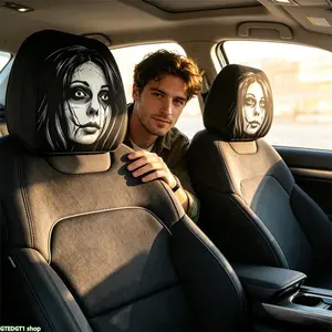 2 pcsFemale Ghost Skull Horror Face Car Headrest Covers, All Season Universal Ice Silk, Spooky Double Sided Printed Stretchable Pillow Sleeves, Creepy Stylish Interior Decoration for Most Vehicles and Daily Road Trip Use