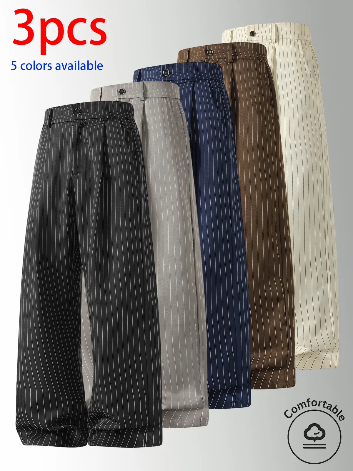 3-pack men’s long pants: men’s suit trousers, men’s casual dress pants. Button closure at the front, vertical stripes that evoke a retro vibe, smooth drape and wrinkle resistance, straight-leg design that’s versatile and easy to match, with a relaxed fit