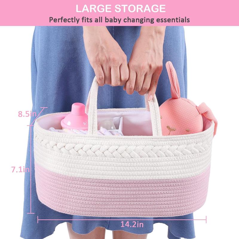 Diaper Caddy, Nursery Storage Bin and Car Organizer for Diapers and Wipes, Cotton Rope Basket Changing Table Caddy, Portable Baby Diaper Tote for Home Travel