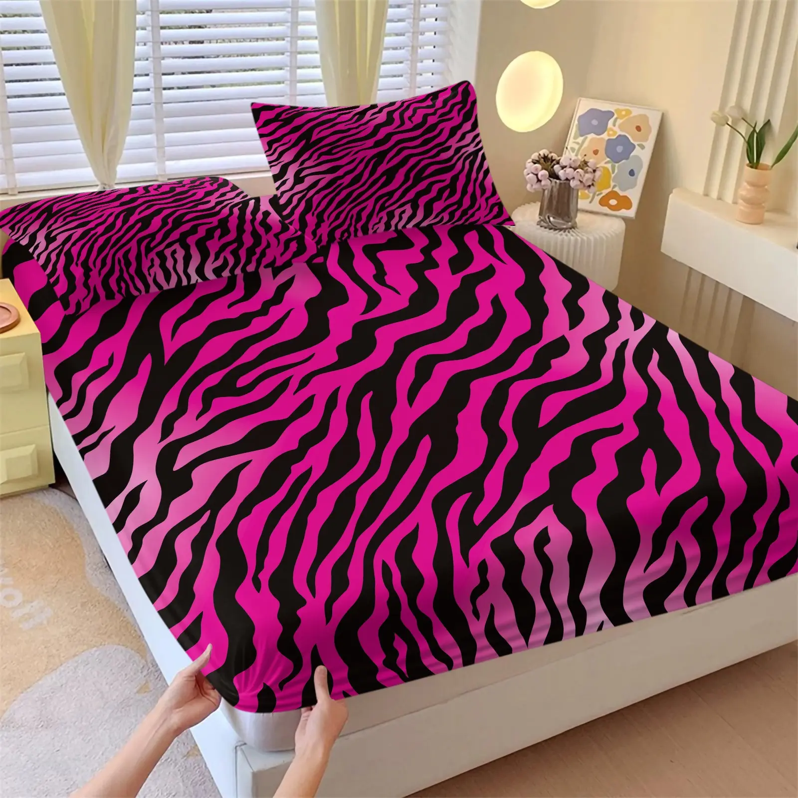 3Pcs Bright Pink Zebra Print Fitted Sheet Set No Fillers, Bold Animal Striped Bed Sheet Set, Trendy Safari Bed Linens Bedding Set with Pillowcases, Stylish Wild Pattern Bedding for Teens & Animal Lovers Bedroom Decor