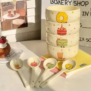 4 Set Cute Cake Ceramic Bowl with Spoon Cartoon Anti-scald Soup Bowl Home Kitchen Noodle Ramen Tableware Bowl