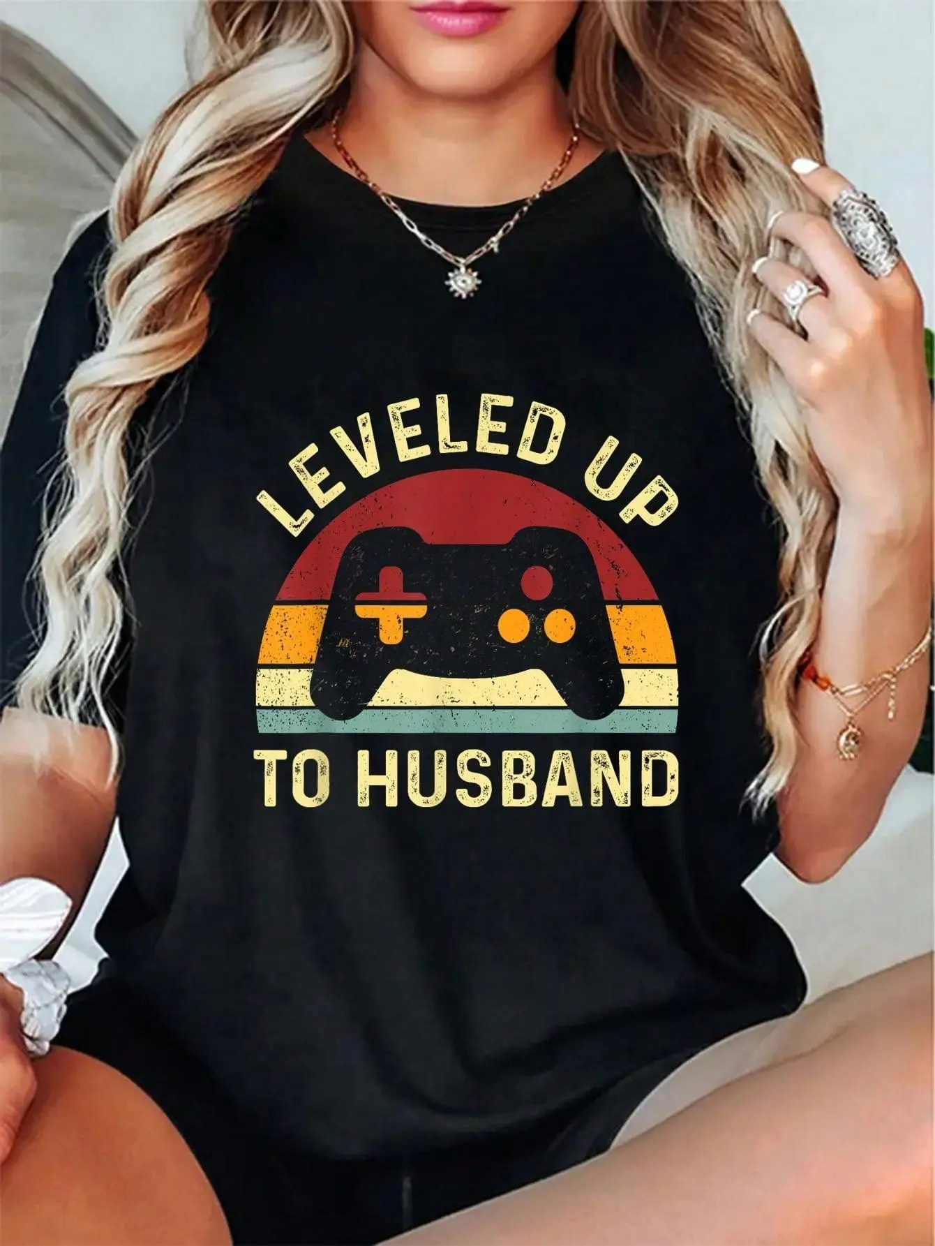100% Cotton Leveled Up To Husband - Newlywed Groom - Just Married Couple T-Shirt