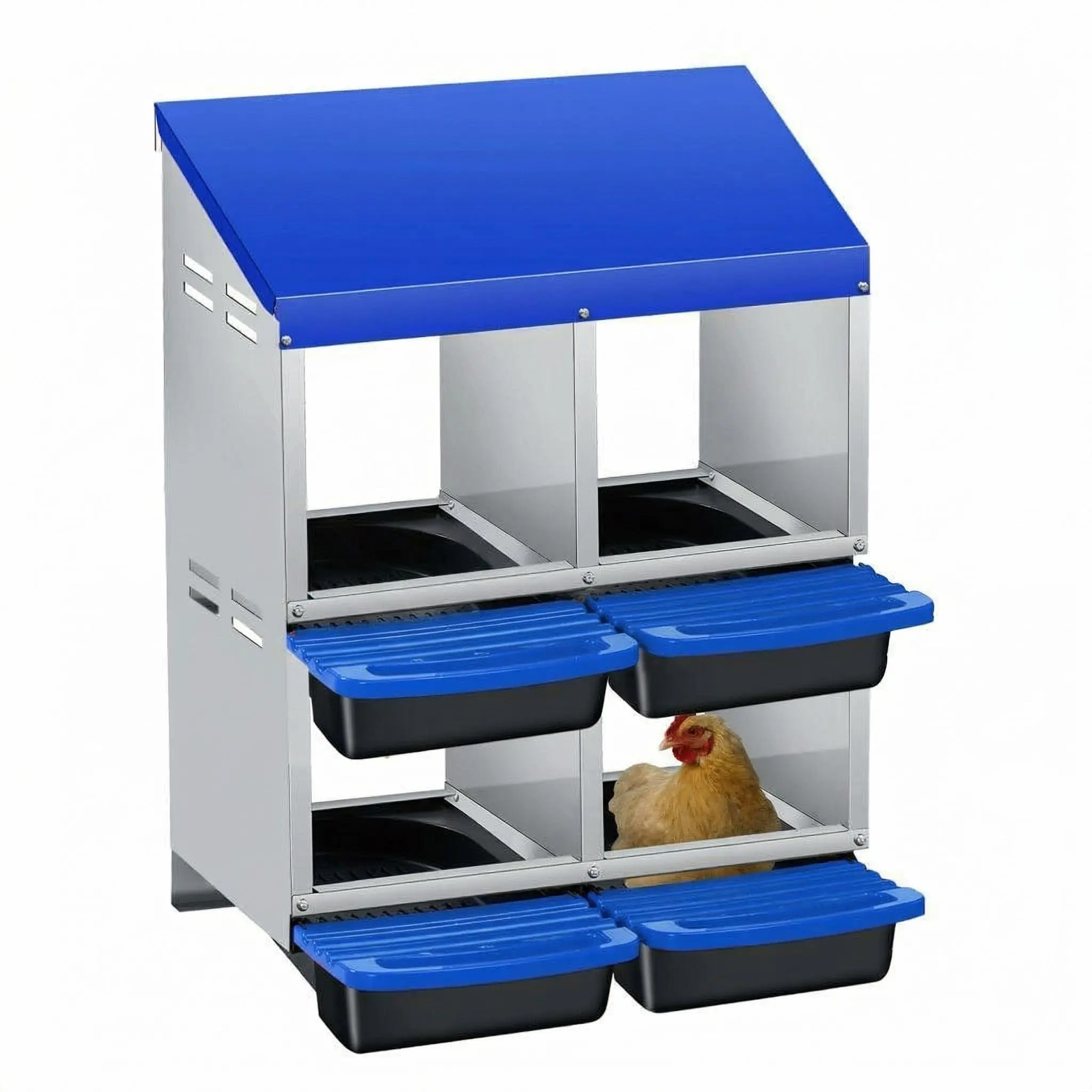 Galvanized Steel Double Layer Blue Chicken Nesting Box, 2-Compartment with Roll-Away Tray, Tool-Free Setup, Plastic Handle, Wall-Mountable/Freestanding for Chicken Coop