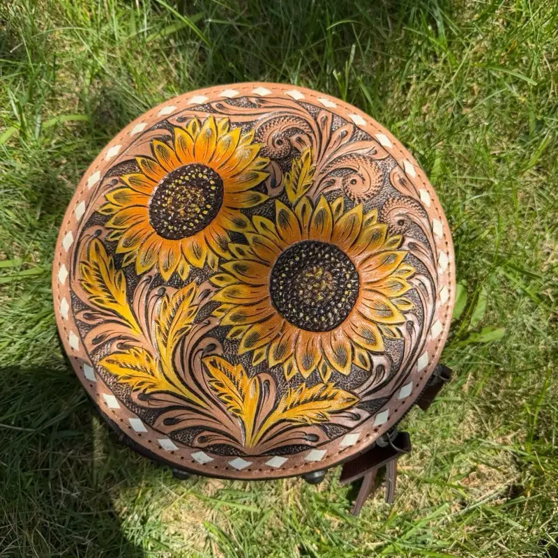 Genuine hand tooled & painted leather MEDIUM SIZED crossbody canteen bag- double sunflower