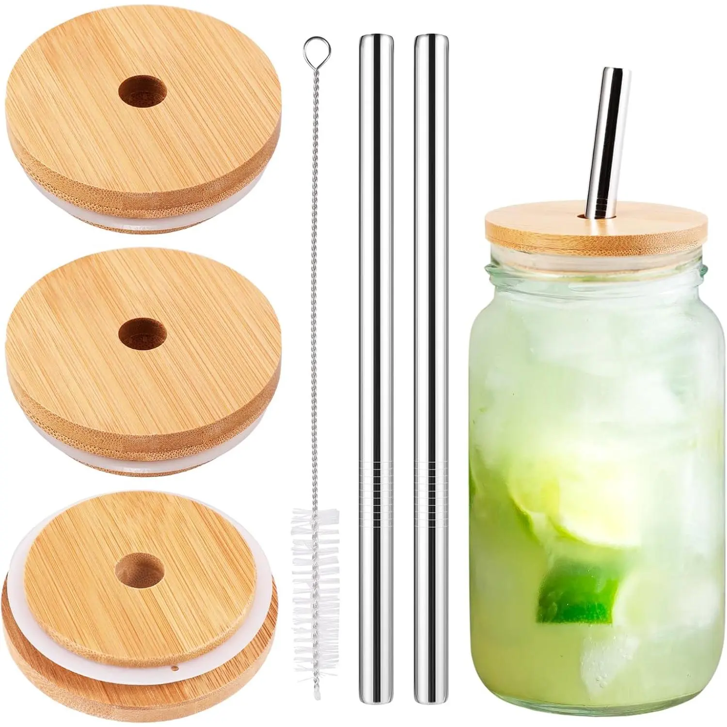 3 Pack Regular Mouth Bamboo Drinking Lid with Straw Hole and Compatible Mason Jar  Wood Lids for 70mm