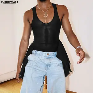 INCERUN Men's Sexy Summer Sheer Asymmetrical Hem Sleeveless Vest | Flowy Drape Clubwear | Party Event, Trendy Street, Layering Piece