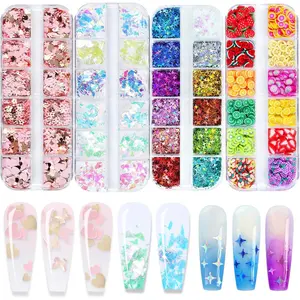 4 Boxes Holographic Nail Glitter Mixed Butterfly Heart Star Sequins Iridescent Flakes Fruit Nail Slice for Nail Art Decorations Supplies