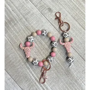 Blush Pink Aztec Cow Skull Keychain Set