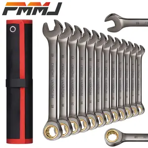 PMMJ 12Pcs Nickel Plated Fixed Head Ratchet Wrench Set, Metric 8-19mm 72-Tooth Cr-V Steel Combination Wrenches with Rolling Storage Bag, Multi-use Repair Spanner Tools for Car Motorcycle Household Maintenance, Ideal Gift for Men Dad Husband Handyman