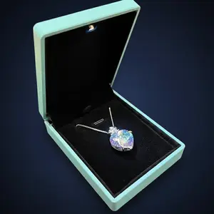 Enchanted Rose Heart Pendant Necklace, Iridescent Blue & Purple Crystals with LED Gift Box, Romantic Anniversary Jewelry Gift for Her
