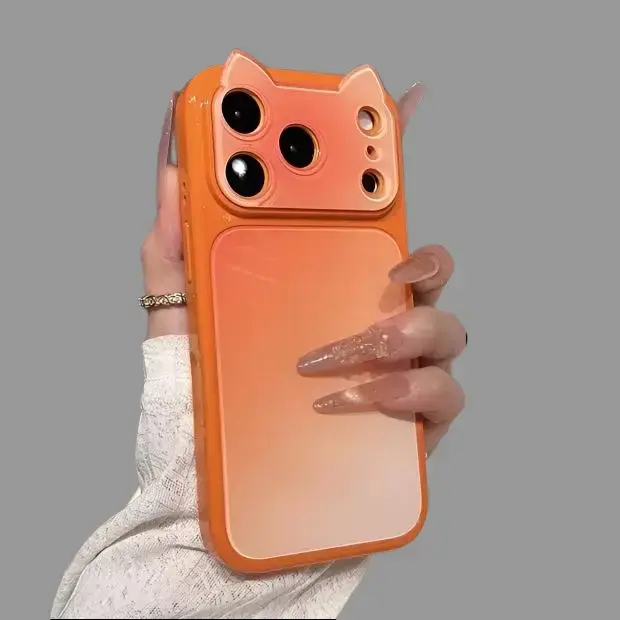 Women's Acrylic Shell Phone Case for iPhone 17 Pro Max, 16 Cat Ear Gradient Design, Anti-Drop Shockproof Protect Cover Compatible with iPhone 15/14/13/12, Fashionable New Model