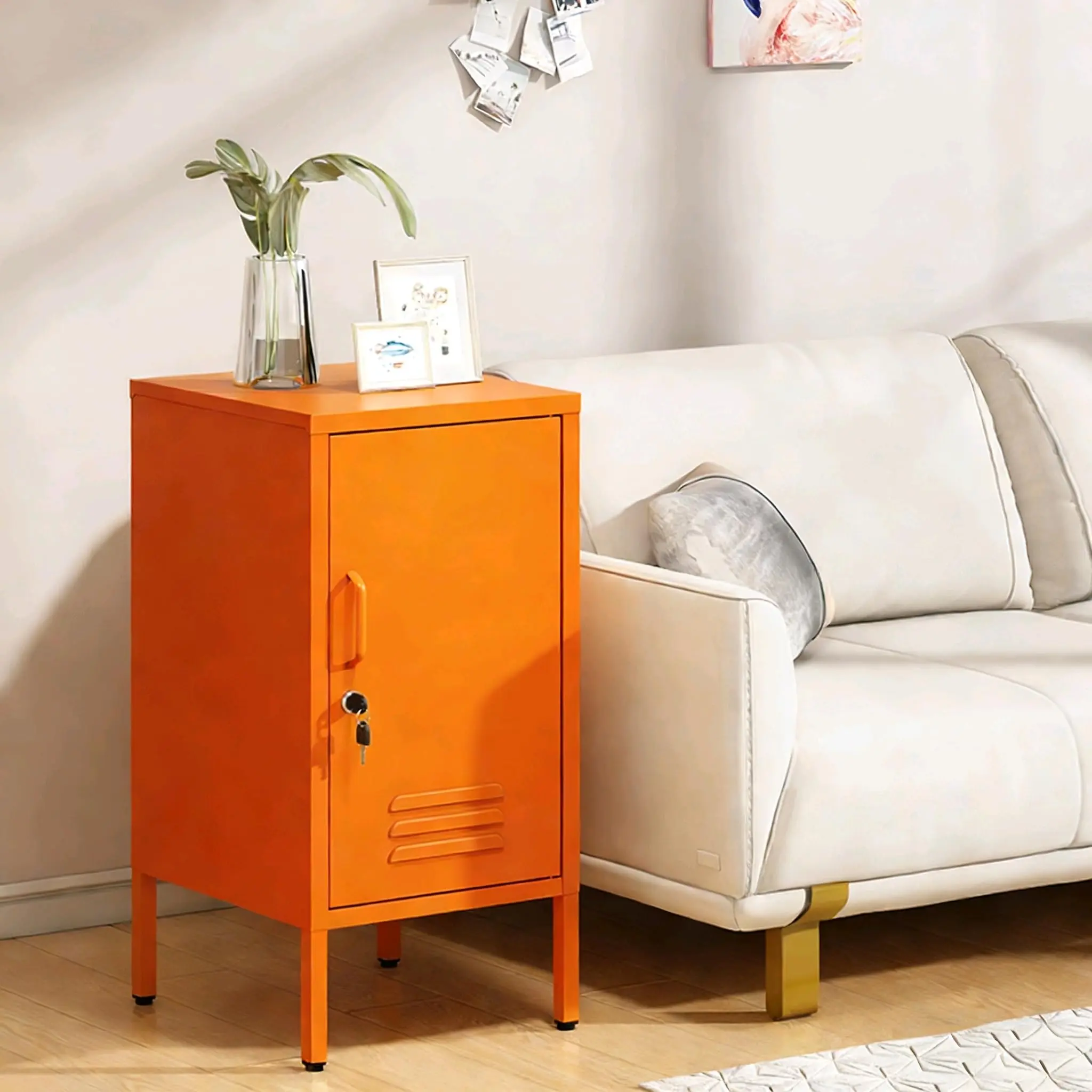 Indoor Durable Orange Metal Frame Locker End Table (27.55"H x 13.78"W x 14.96"D) - Modern Minimalist Decluttering Piece, 2 Adjustable Shelves, Anti-Tips Lock Multi-Storage Cabinet, Quick Setup, for Living Room, Bedside Table Use