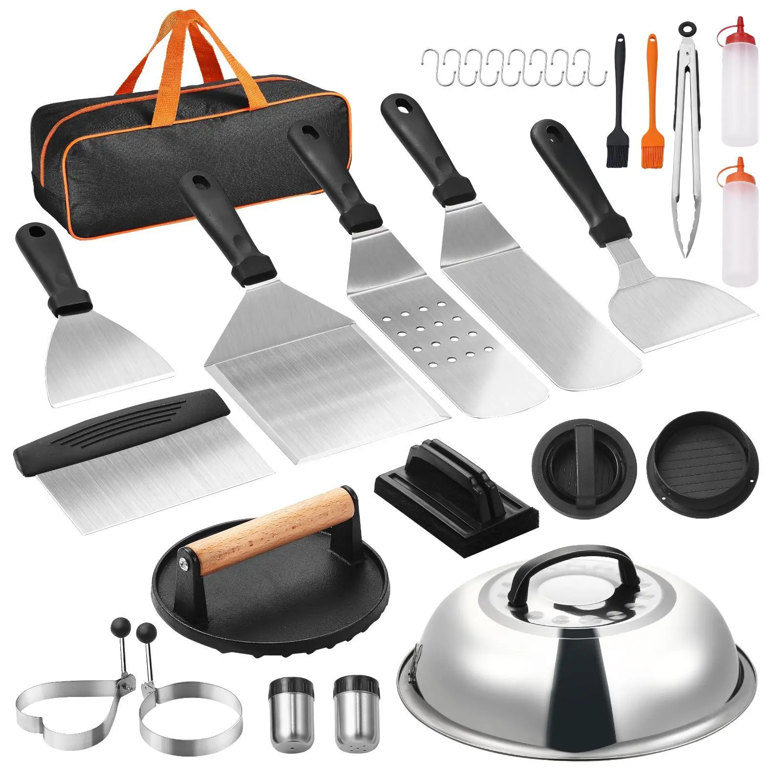 VEVOR 28PCS Griddle Accessories Kit,  Flat Top Grill Accessory, Enlarged Spatula Gift Set, Stainless Steel Grilling Tools with Basting Cover, Tong, Burger Press, Carry Bag, for Outdoor BBQ Teppanyaki#BackToSchool