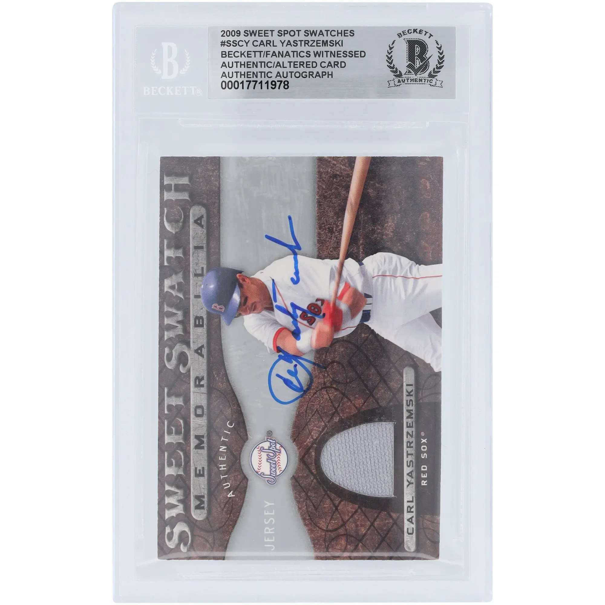 Carl Yastrzemski Boston Red Sox Autographed 2009 Upper Deck Sweet Spot Sweet Swatches Memorabilia Jersey Relic #SS-CY Beckett Fanatics Witnessed Authenticated Card - Fanatics Authentic Certified