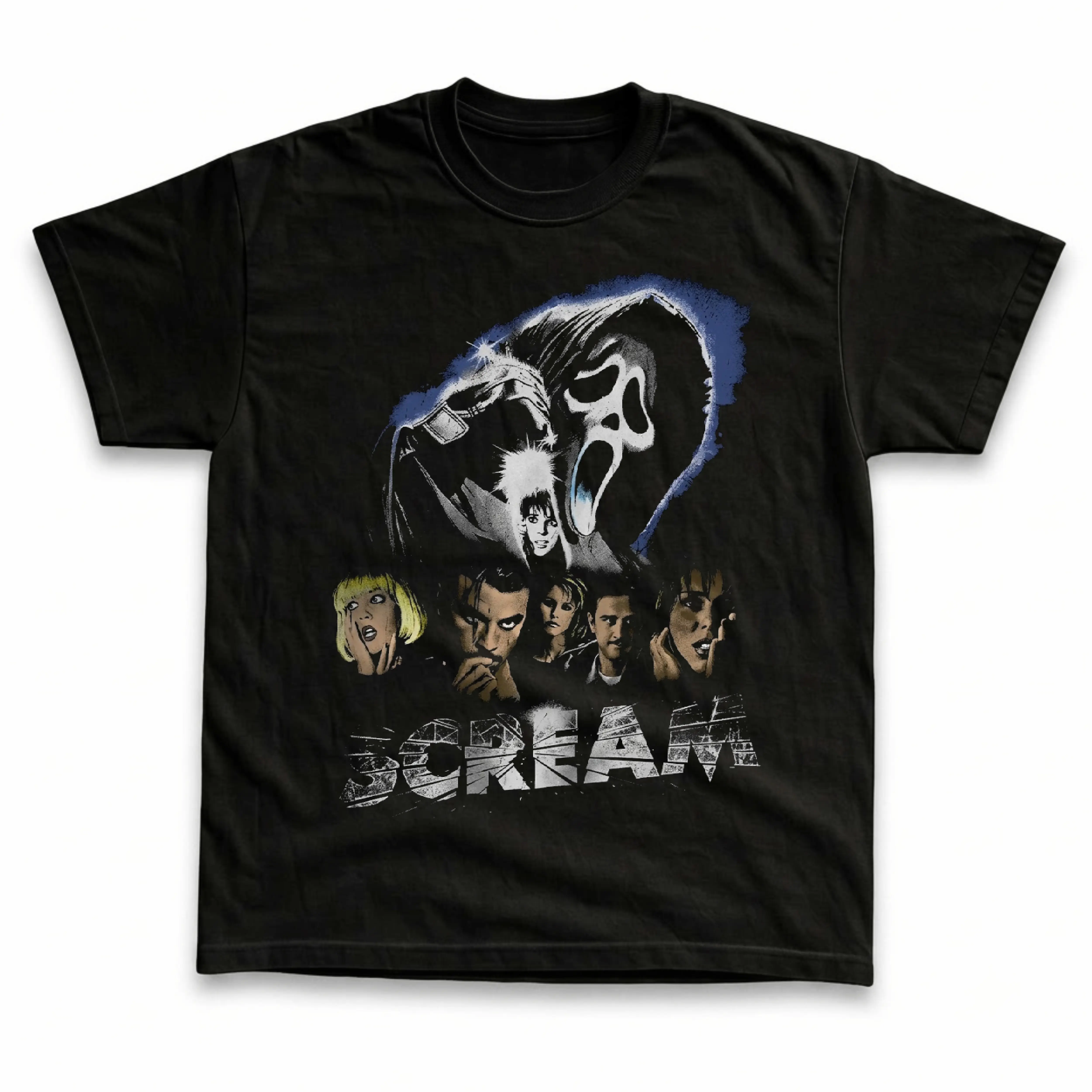 Men's and Women's T-Shirt, Vintage Scream Graphic Tee, Wes Craven 1996 Horror Movie Merch, Ghostface Slasher Mask, Sidney Prescott Casey Becker Cast Collage, Shattered Title Text, Spooky Halloween Outfit, Retro Grunge Streetwear, Fan Gift