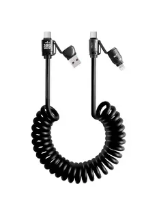 [MFi Certified] 240W 4-in-1 Retractable Coiled Charging Cable, Zinc Alloy Fast Charger with PD27W/65W/240W, 2M Braided USB-C/C-L for iPhone 16/15/14, Laptop, Android, CarPlay & CarLife Automatic Device Tablet Smartphone Electronic Cellphone