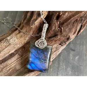 Amazing Blue Flash Rectangle Labradorite and .925 Sterling Silver Necklace, Deep Blue Handpolished Wire Wrapped Pendant, Handmade in the USA